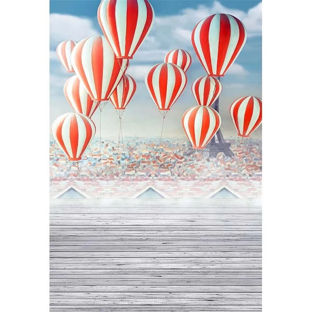 Digital Printing Hot Air Balloon Backdrop for Wedding Photography Houses Eiffel Tower Children Girl Photo Backgrounds Wood Floor