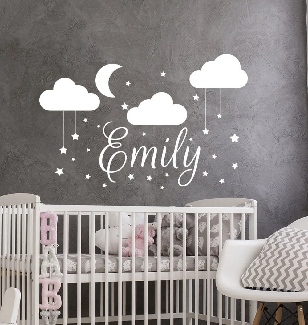 Name Wall Decal Baby Nursery Wall Sticker Girl Name For Son\'s Nursery Vinyl Decals Clouds Wall Art Decor Moon Star Stickers D236