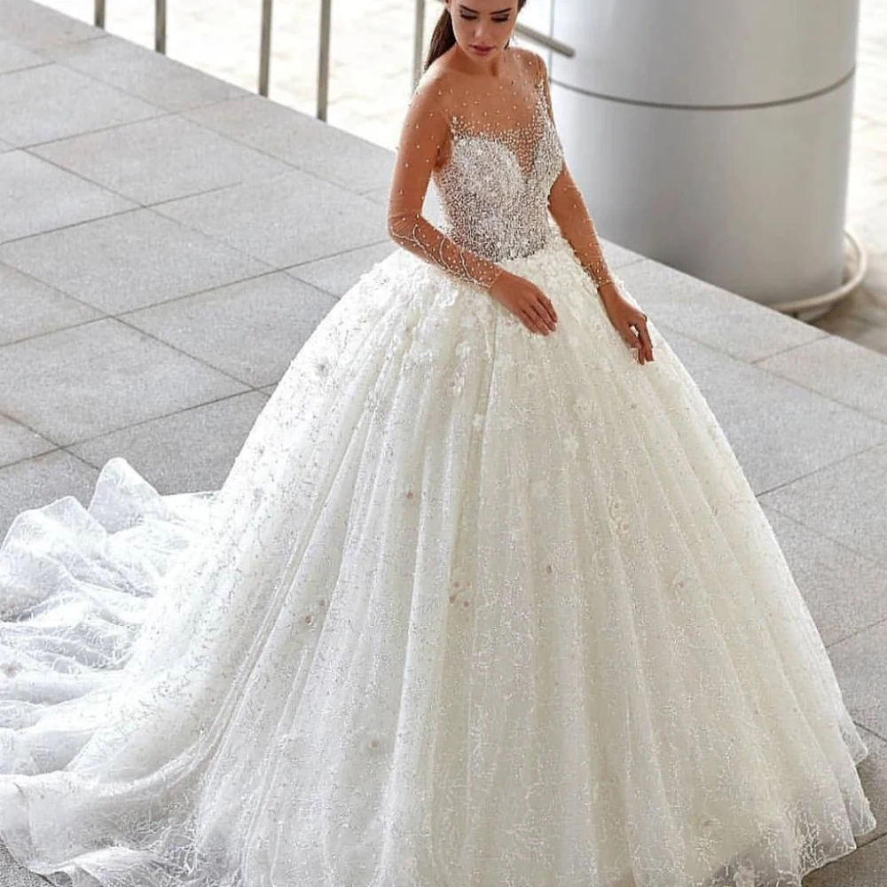 Robe de mariée en cristal, encolure ras du cou, manches longues, en dentelle, avec des perles, 2020