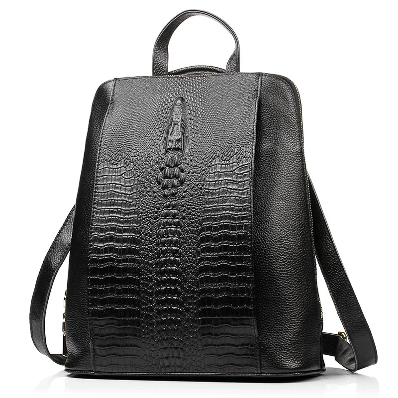 Zency 100% Genuine Leather Knapsack Ladies Crocodile Pattern Women Backpack Girl Notebook Schoolbags Travel Bags High Quality