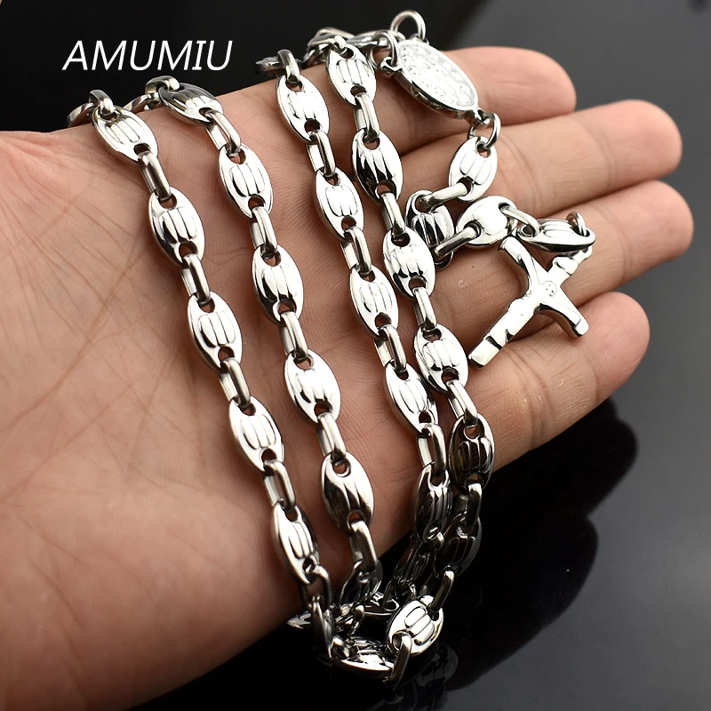 AMUMIU 6mm Christmas Religious Necklace Jewelry Catholic Stainless Steel Cross for Men Beads Rosary HN088