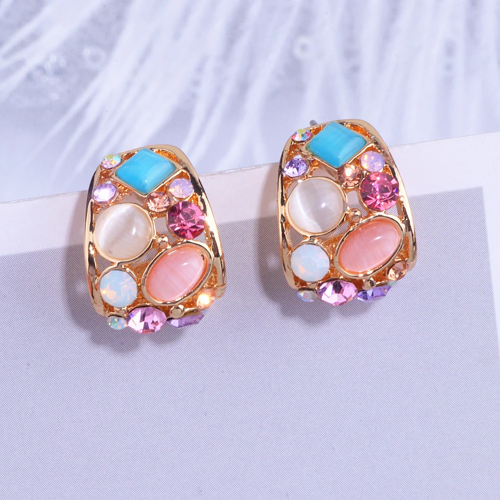 Classic Korean Geometric Hollow Out Opal Stud Earrings Brincos Colorful Crystal Stud Earrings For Women Fashion Wedding Jewelry
