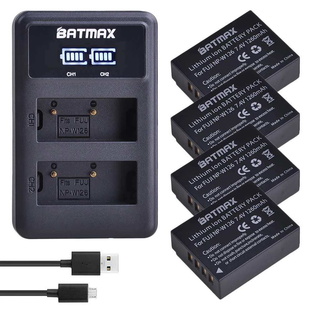 

Batmax 4Pc NP-W126 NP-W126S Battery+LED USB Dual Charger for Fujifilm FinePix HS30EXR HS33EXR X-Pro1 X-E1 X-E2 X-M1 X-A1 X-A2