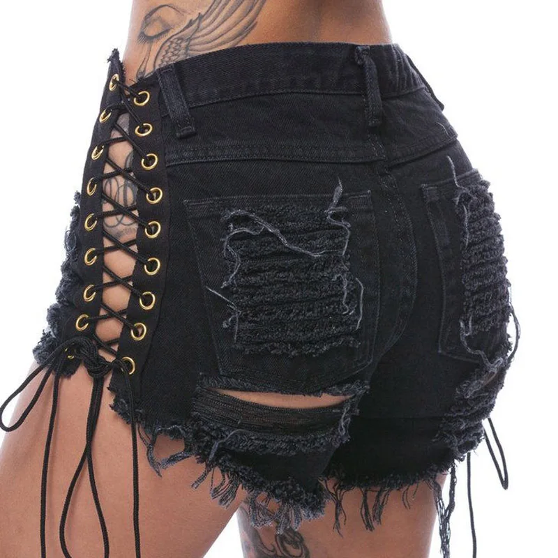 Sexy Donne di Estate Del Foro Del Denim Nero Strappato Shorts Jeans Donna Vita Alta Nappa Pizzo Elastico Fasciatura Booty Shorts Hotpants S-3XL