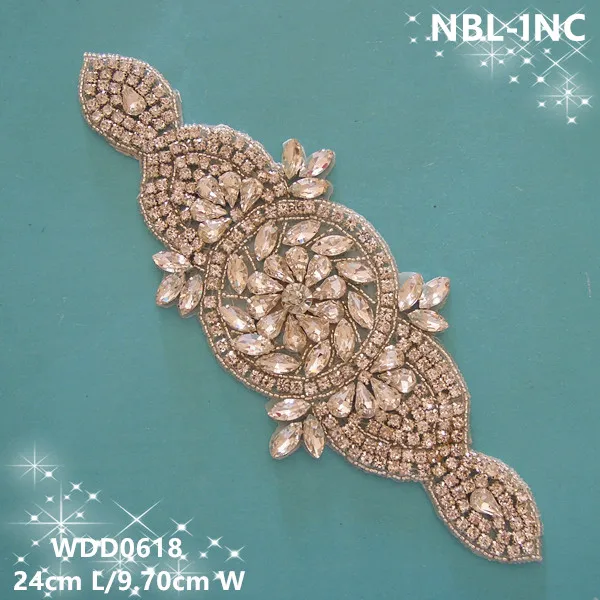 (30PCS) Wholesale handmade beaded sewing bridal silver clear rhinestone sash applique for wedding dresses WDD0618