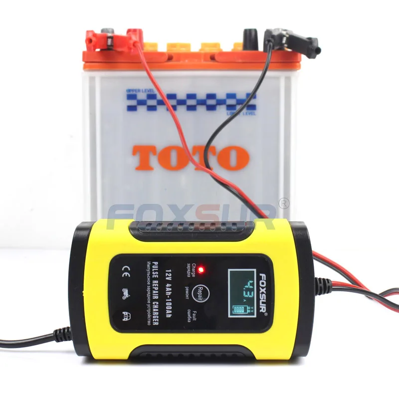 FOXSUR 12V 5A Pulse Repair Charger with LCD Display, Motorcycle & Car Battery Charger, 12V AGM GEL WET Lead Acid Battery Charger