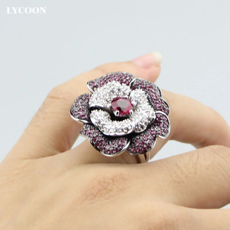 LYCOON Woman\'s luxury brand Flower Zircon Ring Hight quality silver plated purple Austrian  Cubic Zirconia rings Suit party