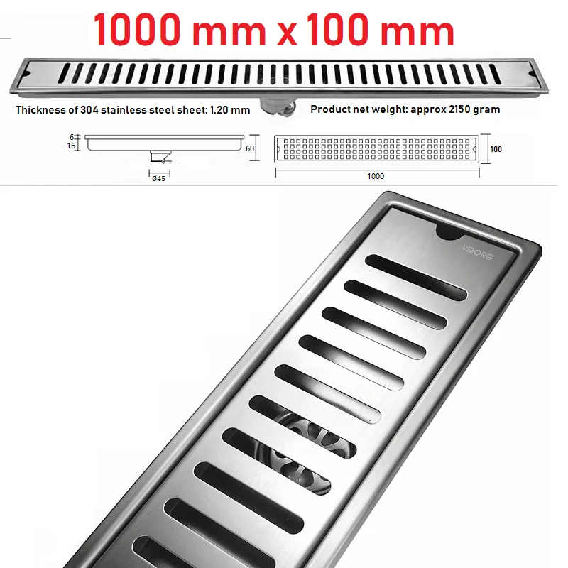 VIBORG 1000mm x 100mm Deluxe 304 Stainless Steel Extra-thick Rectangular Bathroom Shower Linear Floor Drain Drainage Stainer