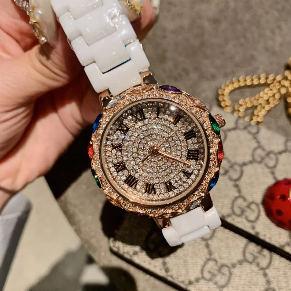 Brand Classic Women Colorful Rhinestones Watches Luxury Full Crystals Watch Real High Tech Ceramic Bracelet Wrist watch Roman