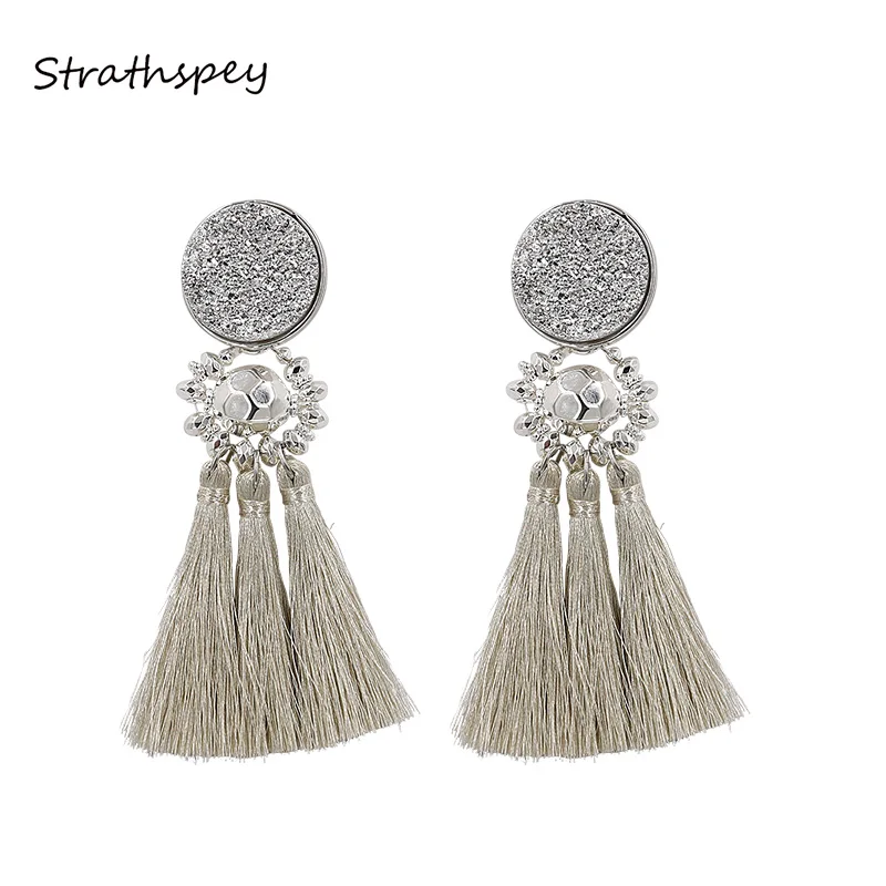 STRATHSPEY  Resin Beads Tassel Earrings For Women Vintage Druzy  Fringe  Earring  Long earrings Handmade Jewelry 2019