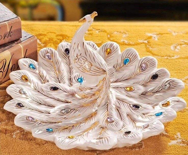 

Luxurious Porcelain Peacock Figurine Candy and Fruits Plate Decorative Ceramics Phoenix Craft Ornament Accessories Furnishing