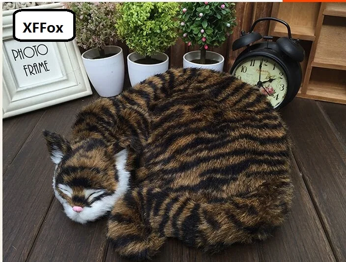 big real life khaki stripe cat model plastic&furs cute sleeping cat gift about 29x31x10cm xf1431