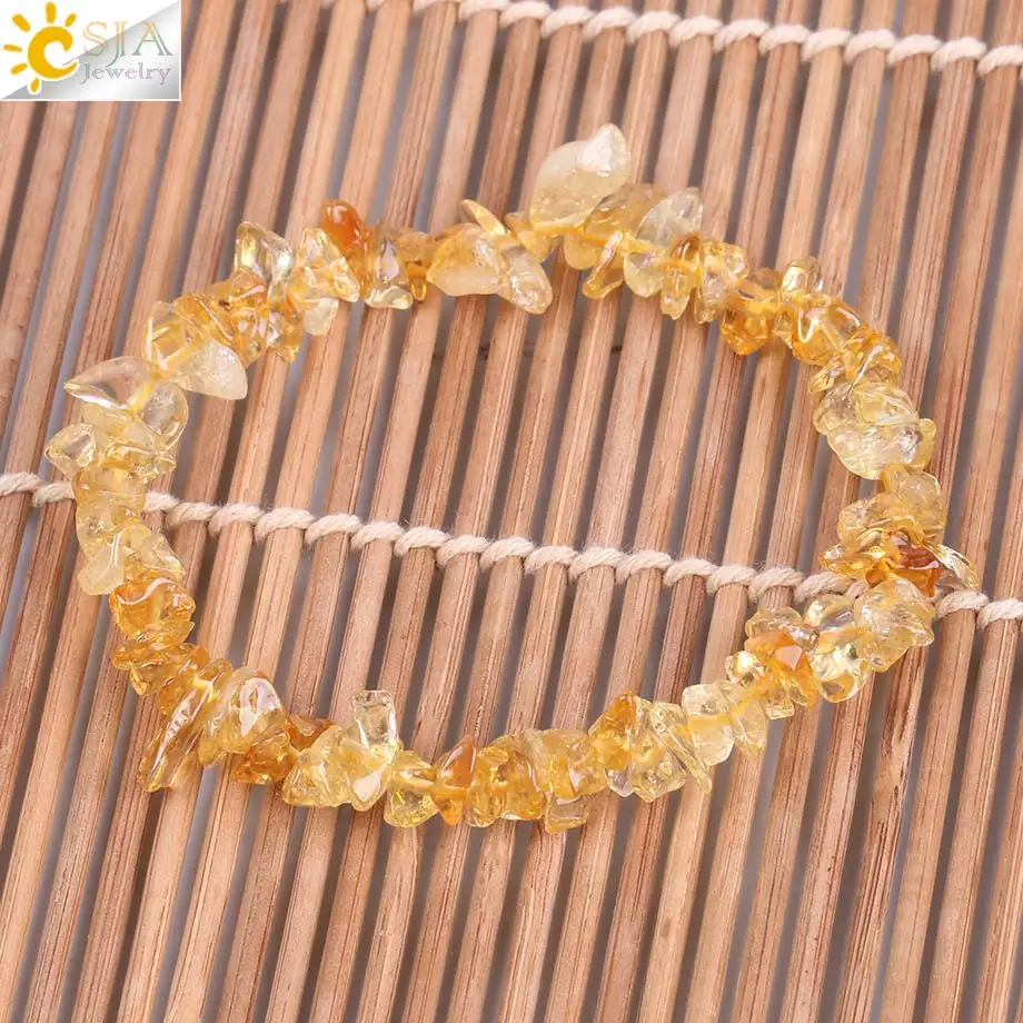 CSJA Natural Yellow Crystal Stones Beads Bracelet Irregular Gravel Quartz Bangles Healing Charm for Women Men Jewelry F157