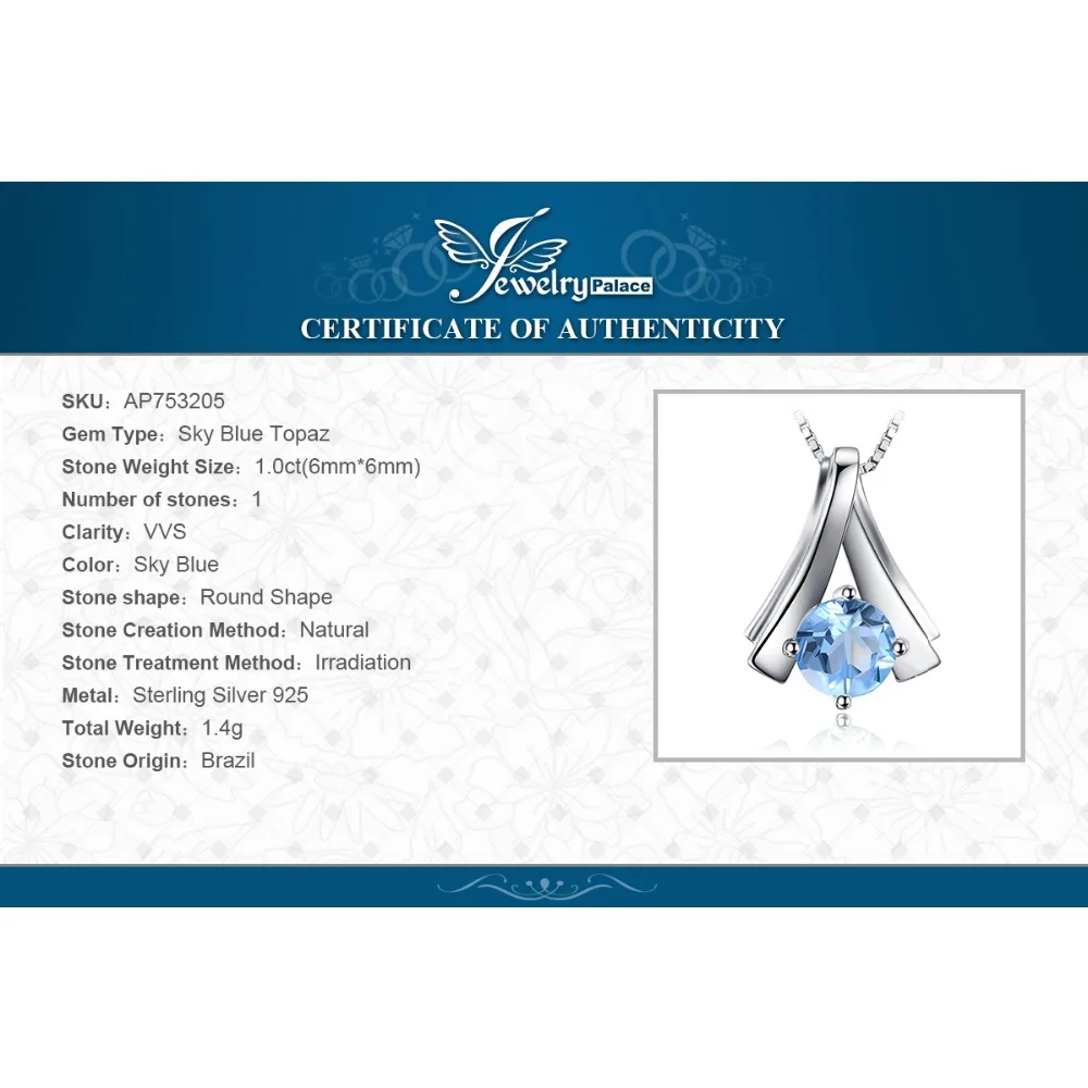 JewelryPalace 1ct Round Natural Blue Topaz 925 Sterling Silver Pendant Necklace for Woman No Chain