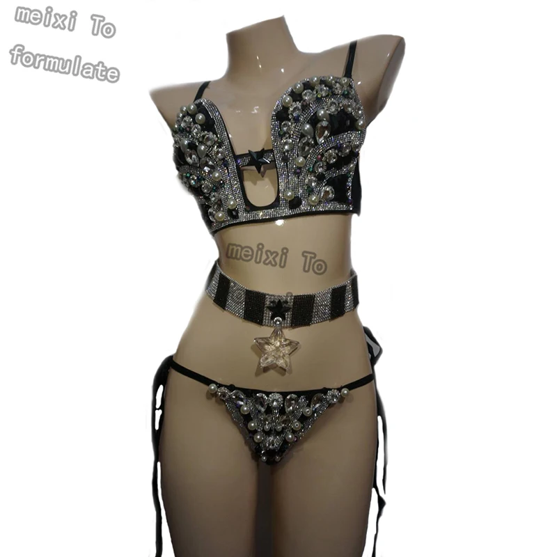 

Sexy shiny black star rhinestone pearl bar nightclub concert singer dancer costume.