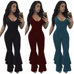 2019 Autumn Women Skinny Jumpsuits Solid color Bow Plus size Sleeveless Rompers S M L XL XXL XXXL