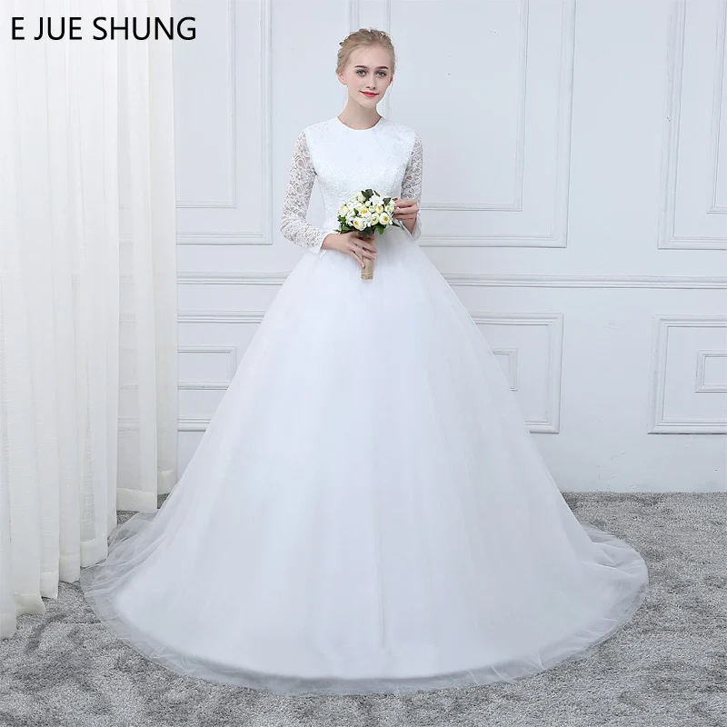 

E JUE SHUNG White Vintage Lace Long Sleeves Wedding Dresses Buttons Sheer Back A-line Bridal Gowns Robe De Soiree
