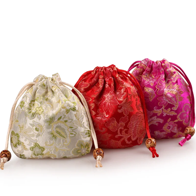 50pcs Flower Drawstring Chinese Silk Brocade Jewelry Pouches Small Brithday Wedding Party Favor Bags