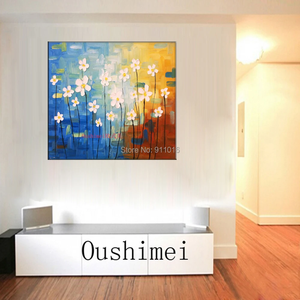 Hand Painted Blue Oil Painting Abstract Knife White Flower Painting Home Decoration Pictures Mural Canvas Wall Art Paintings