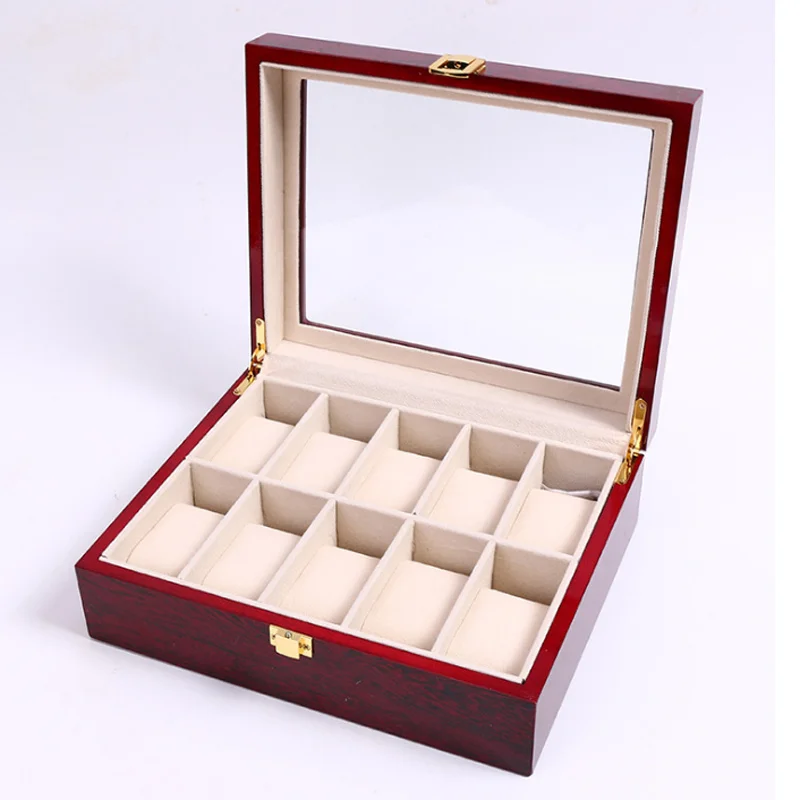 10 Slots Wood Watch Display Boxes Case Red High Light Watch Organizer Box Piano Paint Jewel Display Box