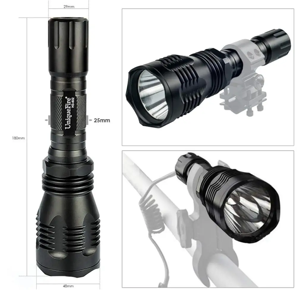 UniqueFire  HS-802 XM-L2 LED Flashlight 1200LM 5 Modes Black Torch White Light Tempered Glass Lens for Night Camping and Riding