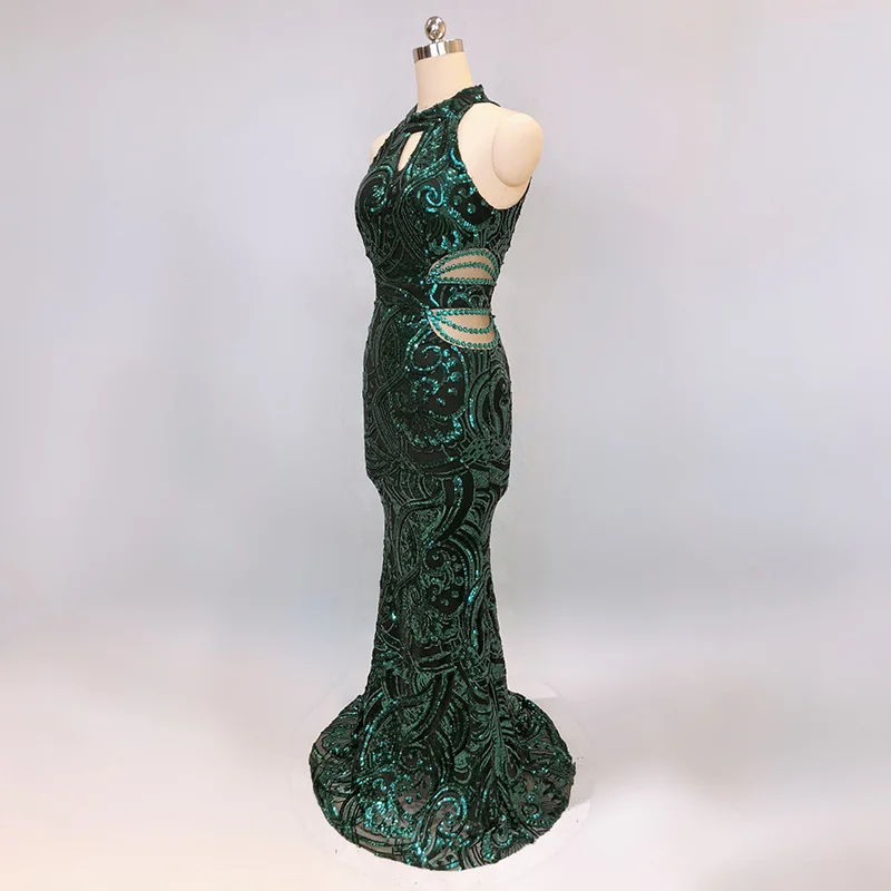 Corzzet sexy halter verde lantejoulas sem mangas longo magro sereia oco para fora vestido de festa clube vestidos de verão vestido de lantejoulas