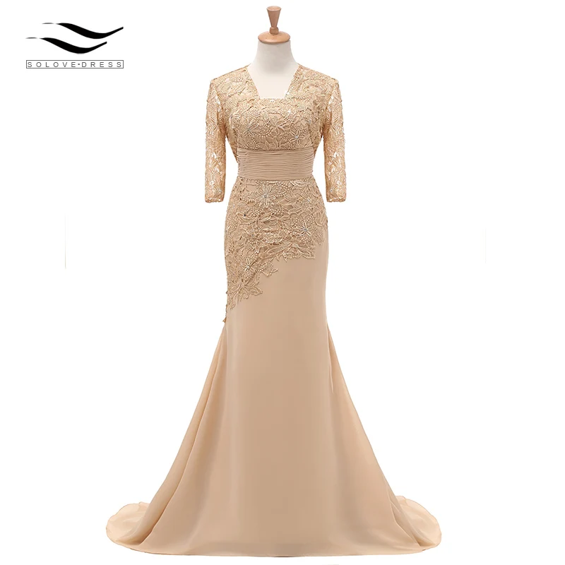 

New Champagne Mermaid Lace Formal Evening Dress With Jacket Mother Of Bride Gown For Wedding Party Customized