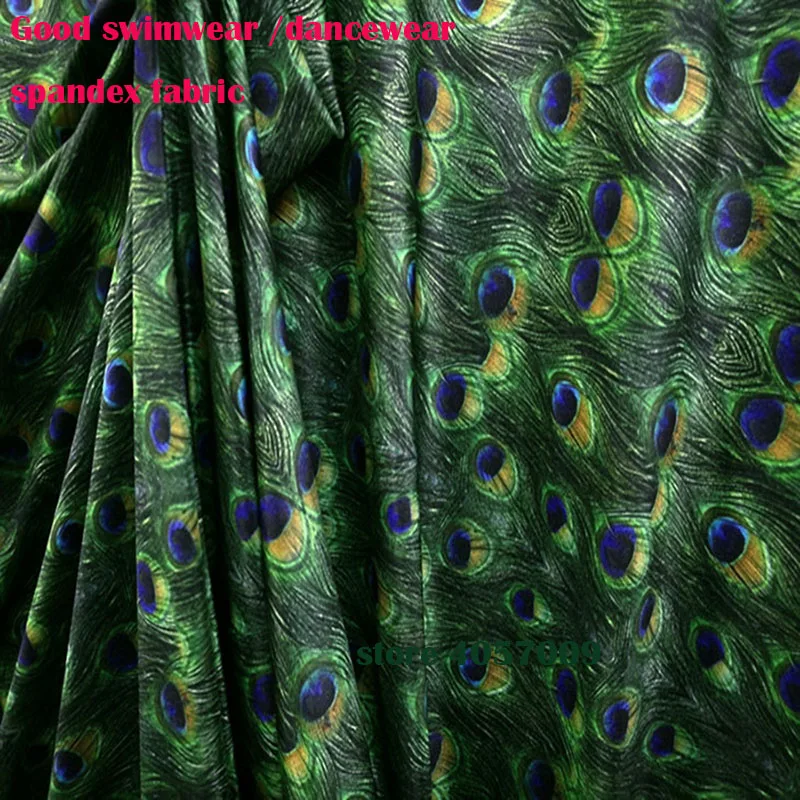 Good Swimwear Fabric Cotton/Spandex Knitted Peacock Fabric Stretch Green Peacock Feather Fabric DIY Sewing Tights Clothing