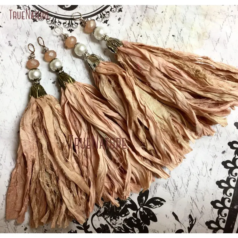 New Shell Peach Sari Silk Tassel Pendant Peach Bohemian Component Antique Brass Oval Bead Cap Czech Glass Pearl Beads PM14470