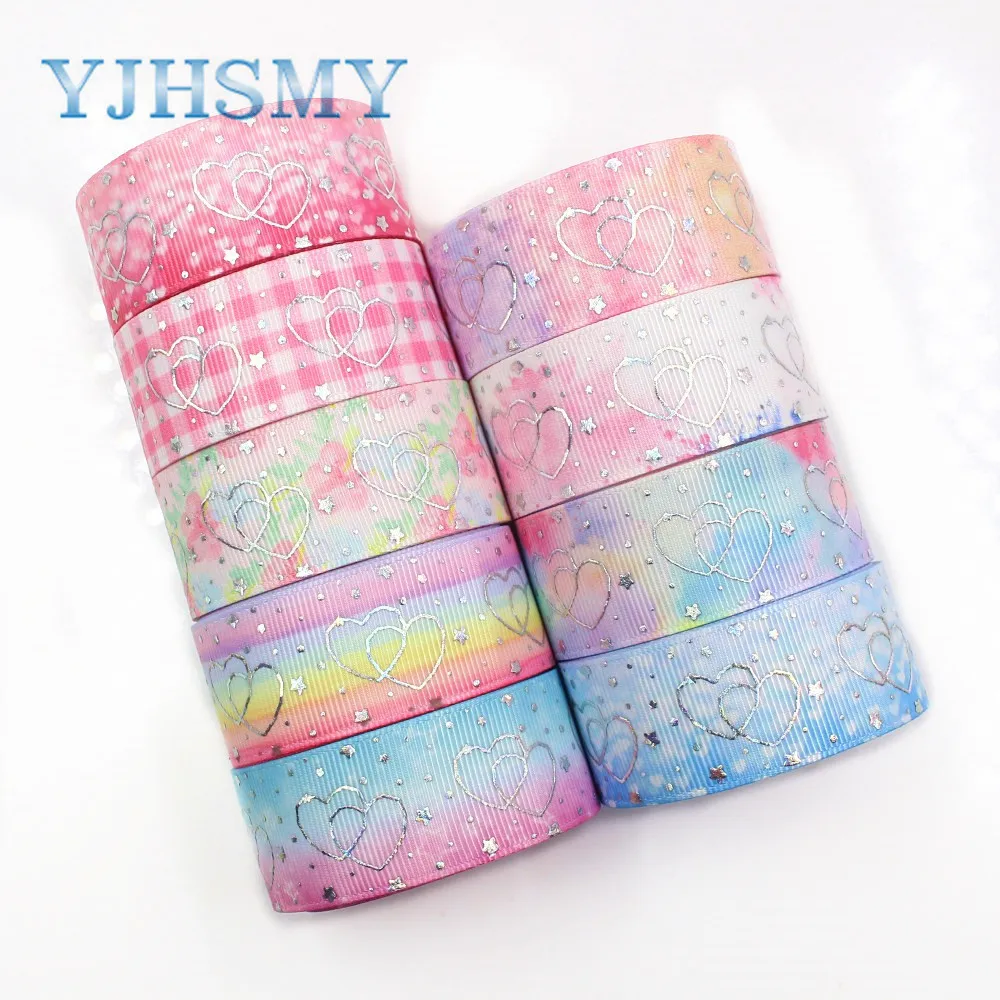 YJHSMY I-19326-787 25mm 10yards laser Silver cute cartoon love Printed grosgrain ribbon DIY handmade headdres wedding gift wrap