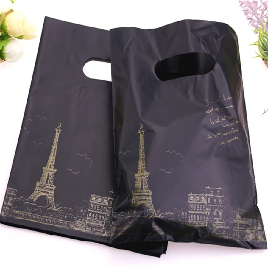 Wholesale 100pcs/lot 15*20cm Luxury Black Vintage Eiffel Tower Packing Bags Plastic Boutique Gift Packaging Bags
