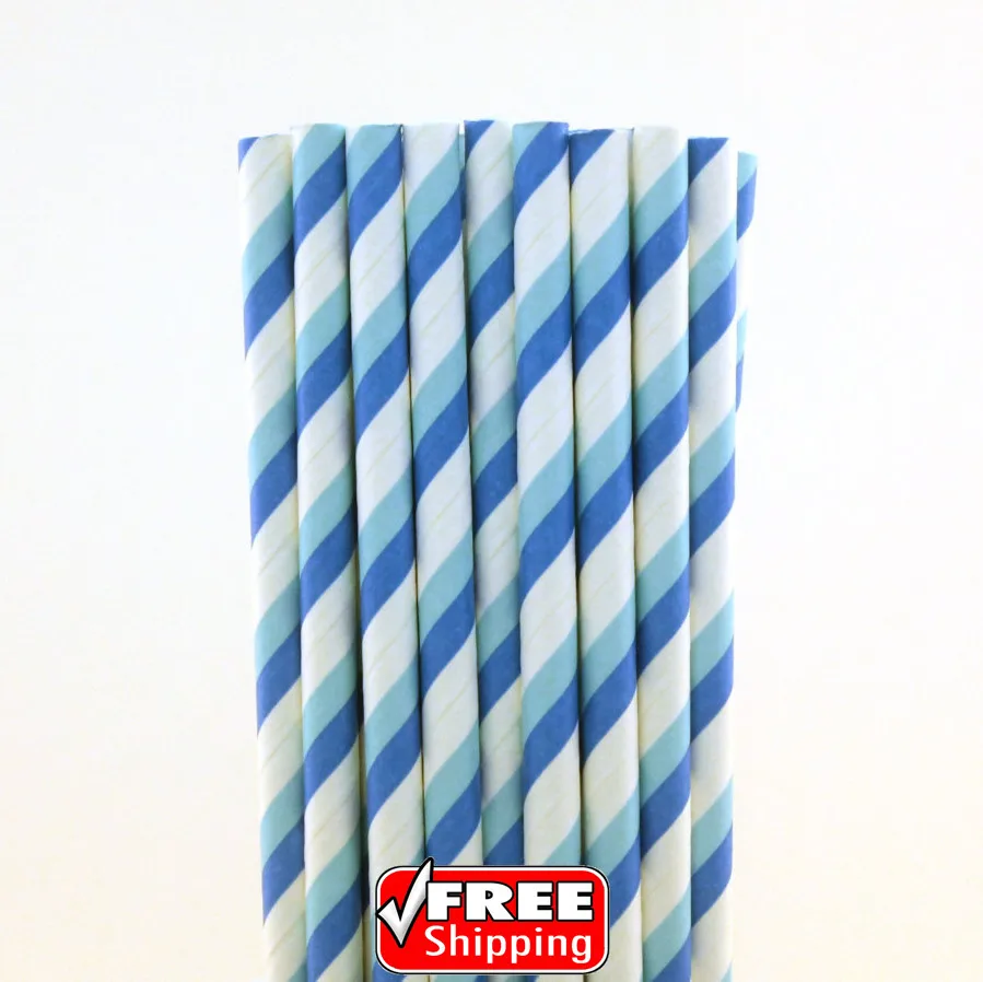 200 Pcs Royal Blue Light Blue Striped Paper Straws-Double Stripe Drinking Paper Straws-Birthday Party,Baby Shower,Wedding,Kids