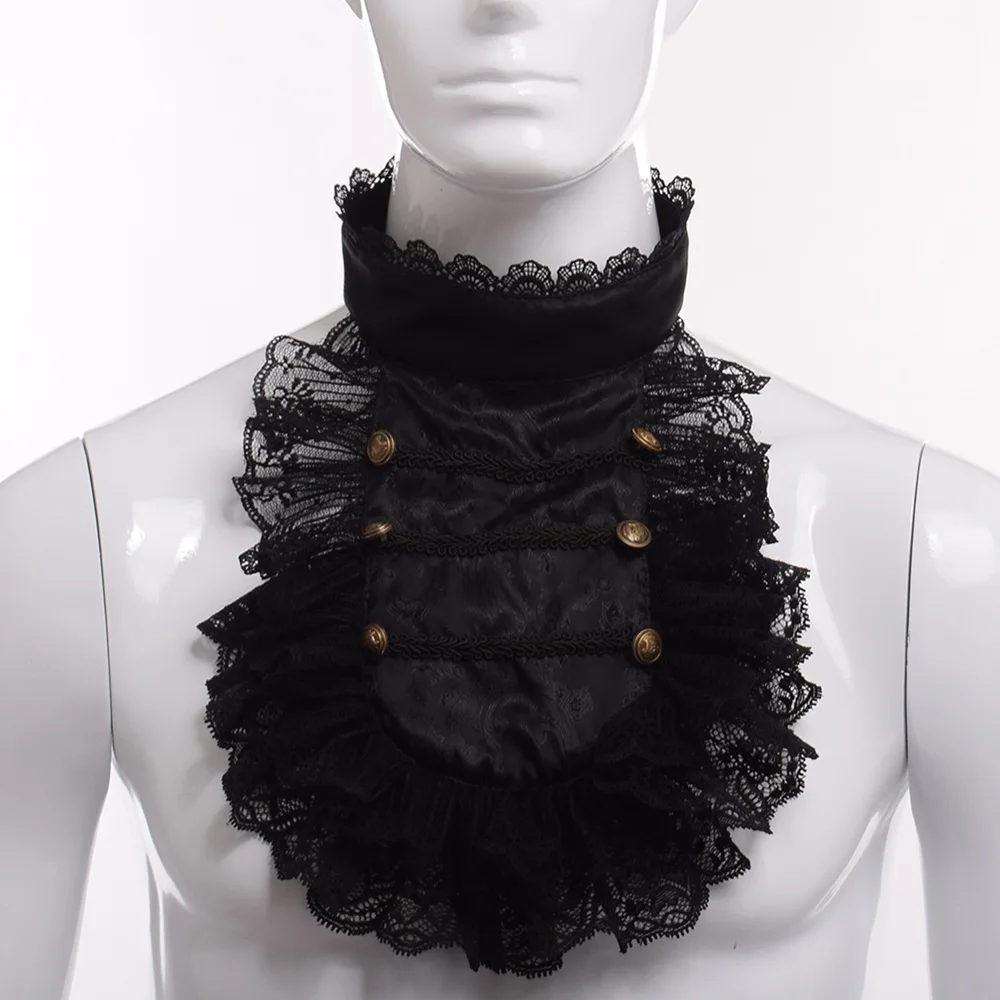 Colonial Lace Jabot for Men Vintage Style Cosplay Necktie Victorian Steampunk Collar Ruffle Black