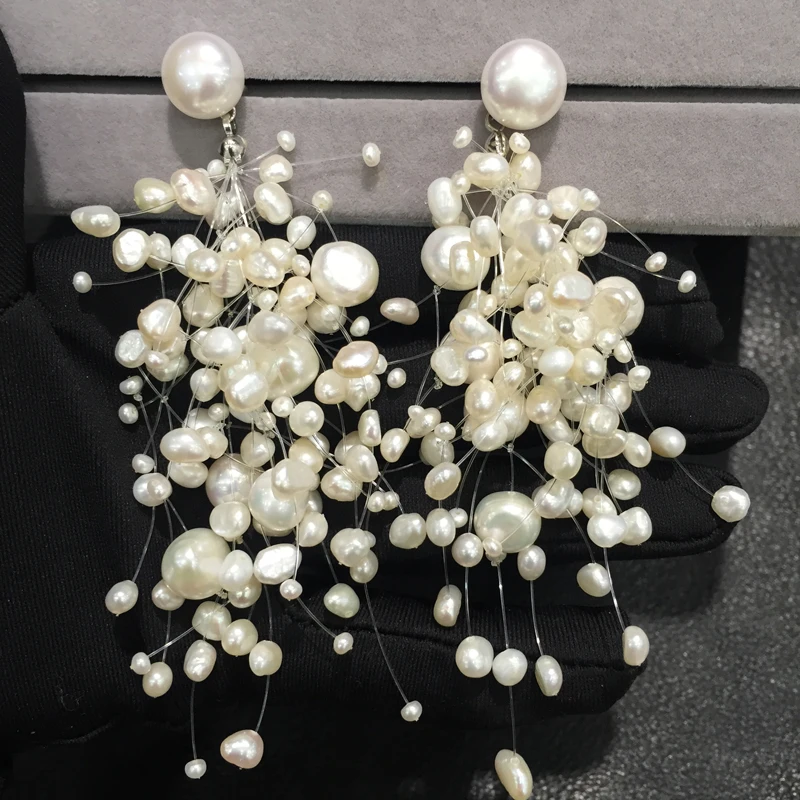 Hyperbole Natural fresh water  pearl drop earring big and small size mixed  long earring fashion women jewelry  free shipping