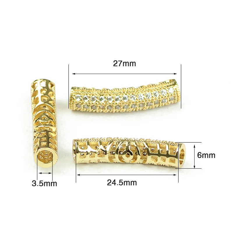 WLYeeS Long bend tube White Zircon Copper beads 27mm Cylinder Metal Spacer Loose beads for jewellery bracelet making DIY Finding