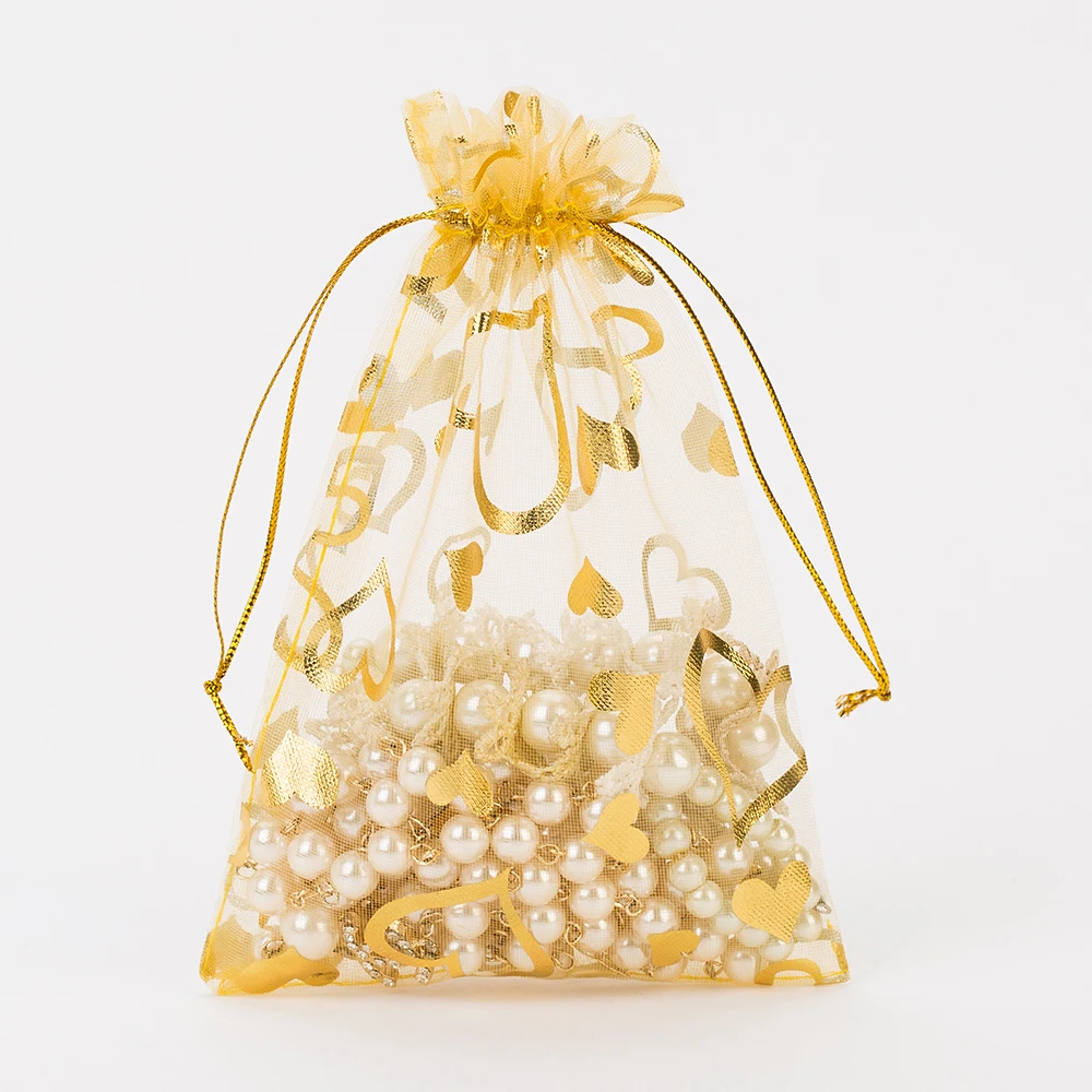 Organza Gift Bag Gold Heart Bronzing 13x18cm(5