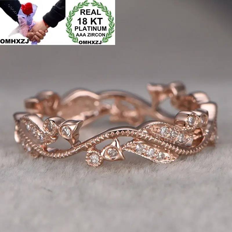 OMHXZJ Wholesale European Fashion Woman Girl Party Wedding Gift Luxury Leaves White AAA Zircon 18KT Rose Gold Ring RR522