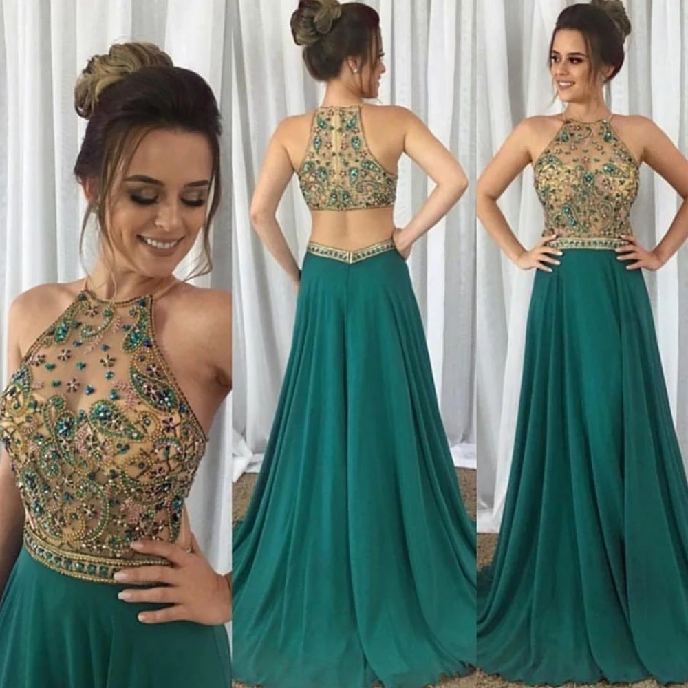 Sexy prom kleider 2020 kristall perlen perlen halfter hals eine linie chiffon grün abendkleider kleider arabisch