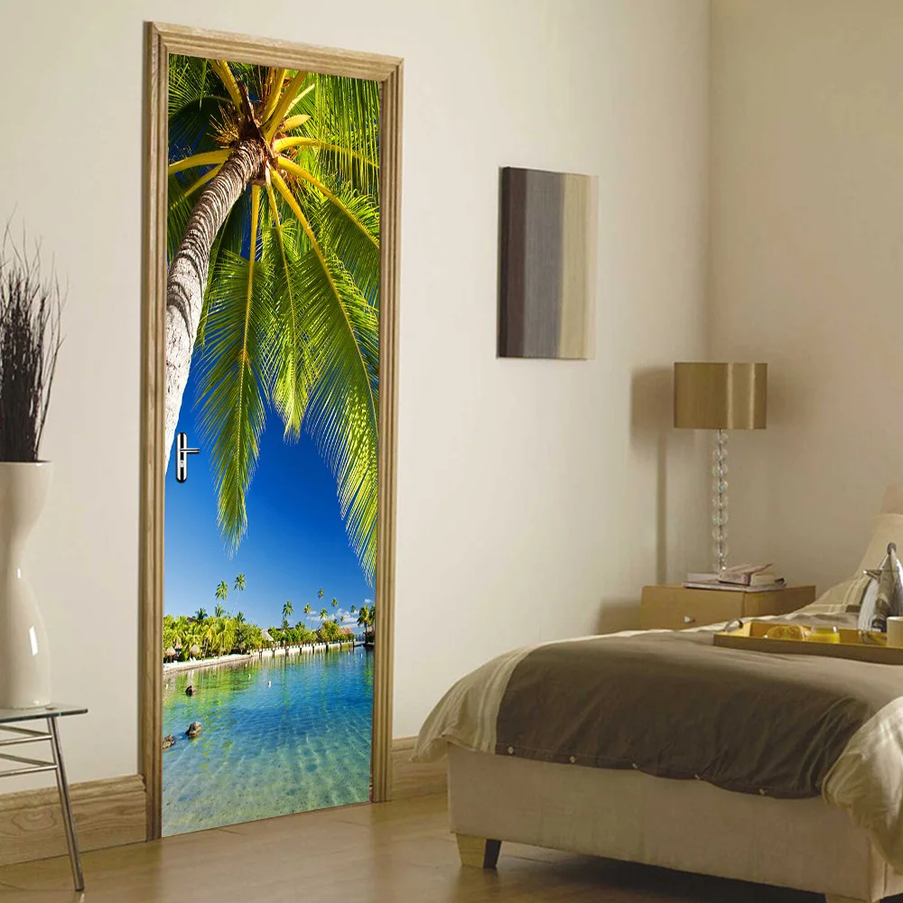 Blauwe Hemel Palm Tree Deur Stickers Slaapkamer Decoratie Zelfklevende Pvc Diy Renovatie Decal Elegant Landschap Deur Muurschilderingen Behang