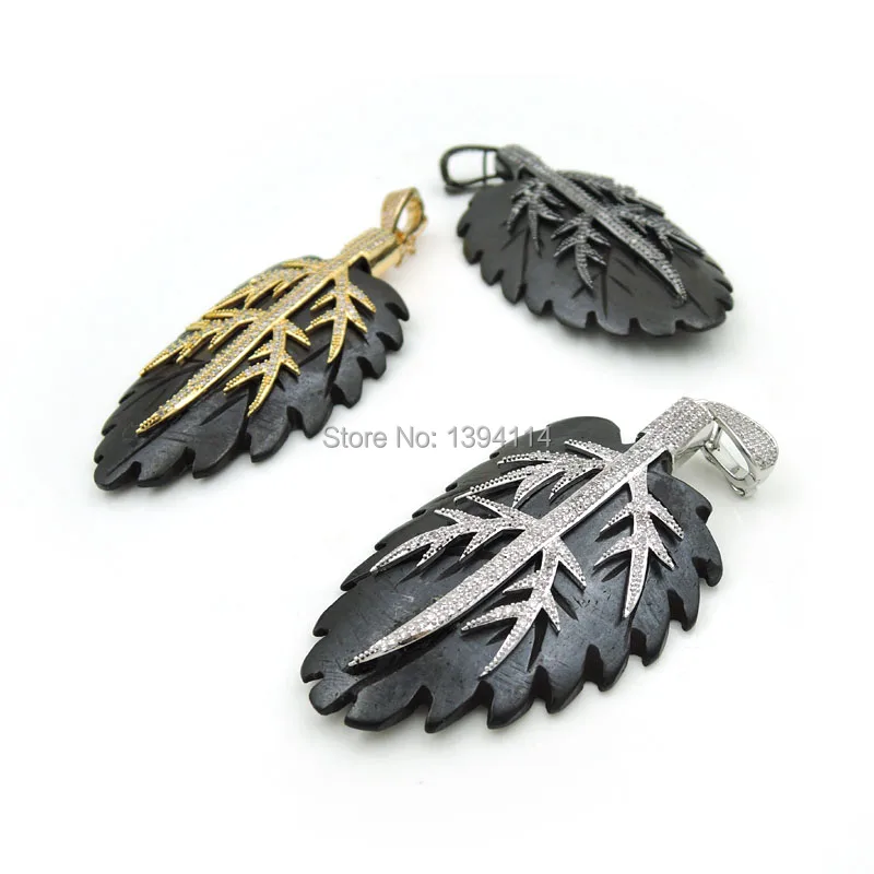 Micro Pave Clear CZ Ox Bone Carved Pendant Of Gluing Brass Leaf Skeleton Cap Approx 72*42*10mm