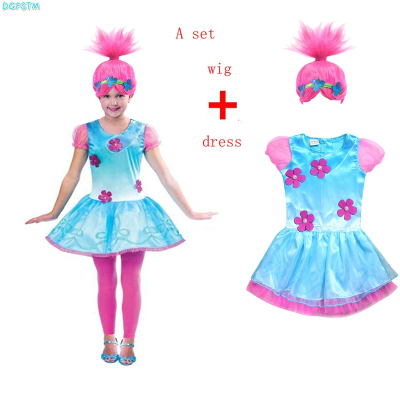 Retail Troll Wig +dress set Children Costumes For Girls Carnival Kids Costumes Dress Trolls Clothes Poppy Party vestido de festa