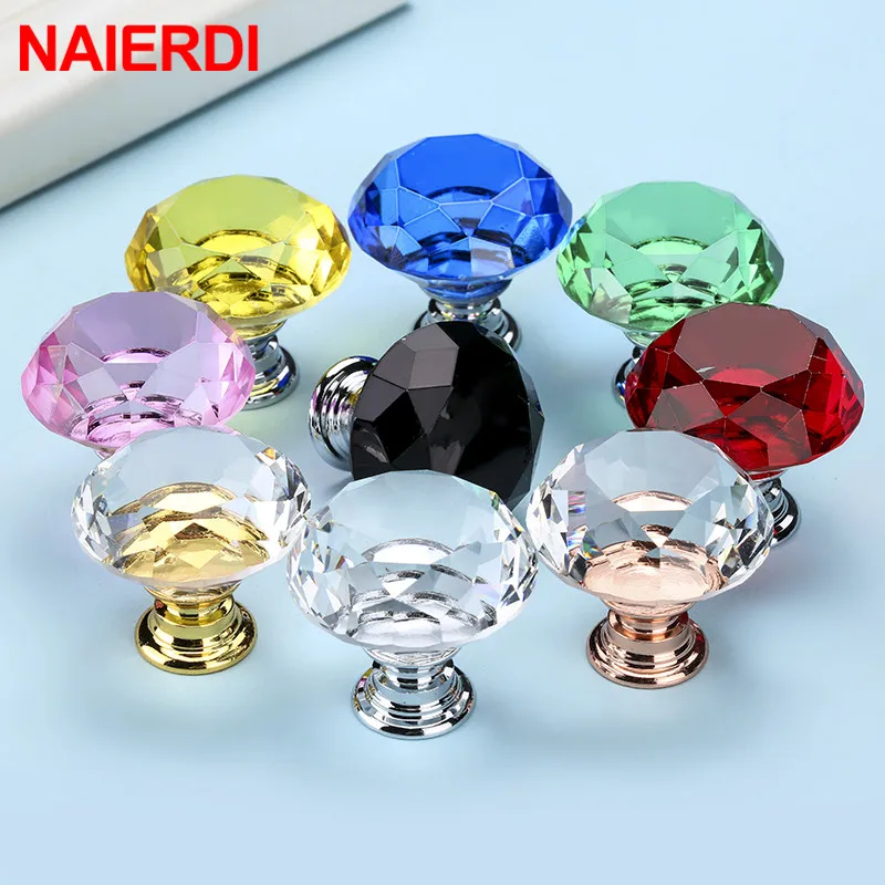 NAIERDI Crystal Glass Knobs Diamond Shape Design Cupboard Drawer Pull Kitchen Cabinet Door Wardrobe Handles Hardware