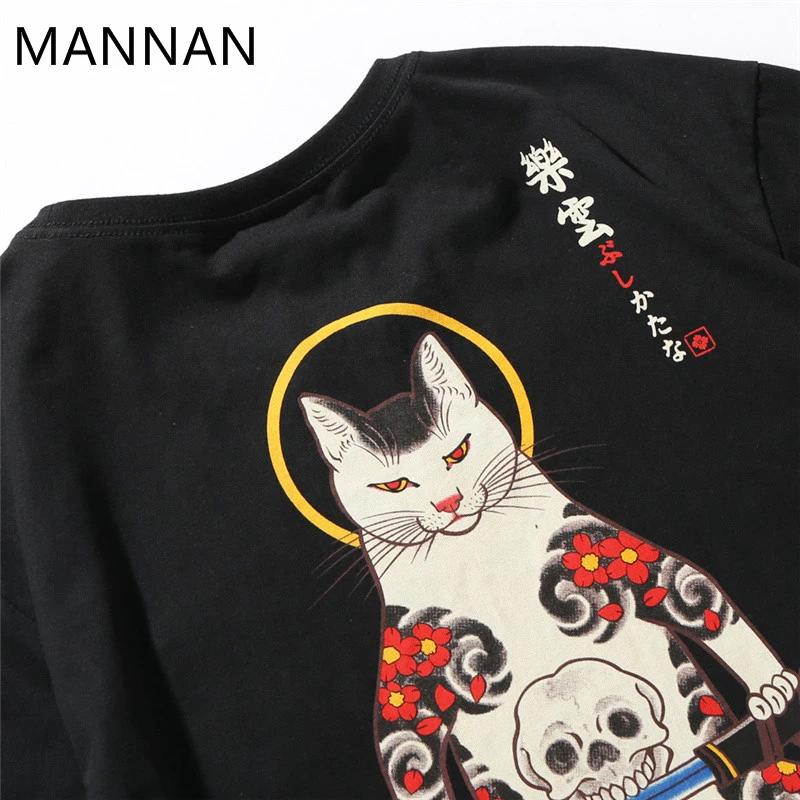 2023 Streetwear Japan Style Ukiyo E Funny Samurai Cat TShirts Mens Short Sleeve T-shirts Hip Hop Embroidery Tees