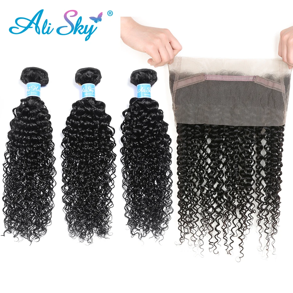 Alisky Brazilian Kinky Curly Bundles with Frontal 3 Bundles With 360 Lace Frontal 100% Human Hair Bundles With Frontal Remy Hair