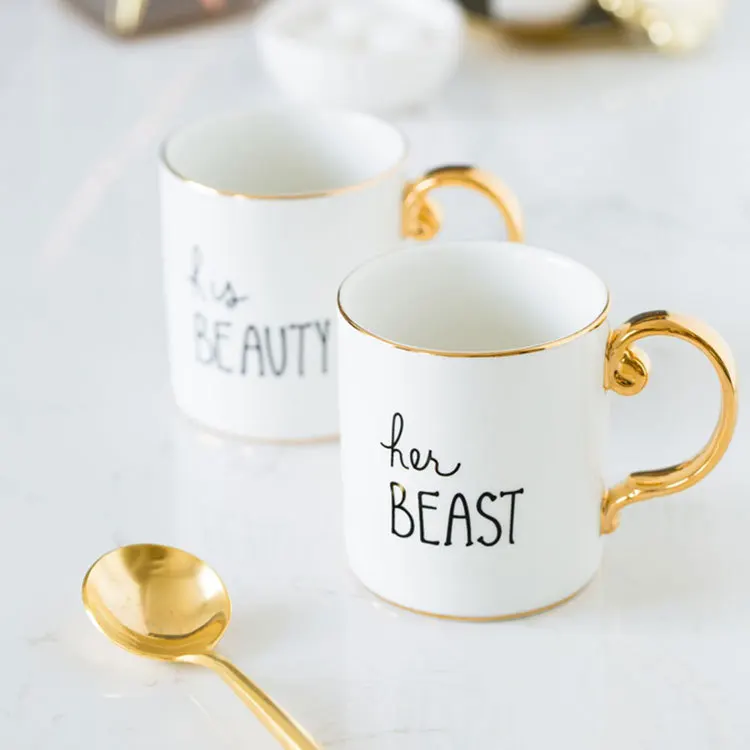 Ouro Senhor e Senhora Porcelana Diamante Canecas, Caneca De Café, Chá E Leite Copos De Cerâmica, Presente De Casamento De Luxo