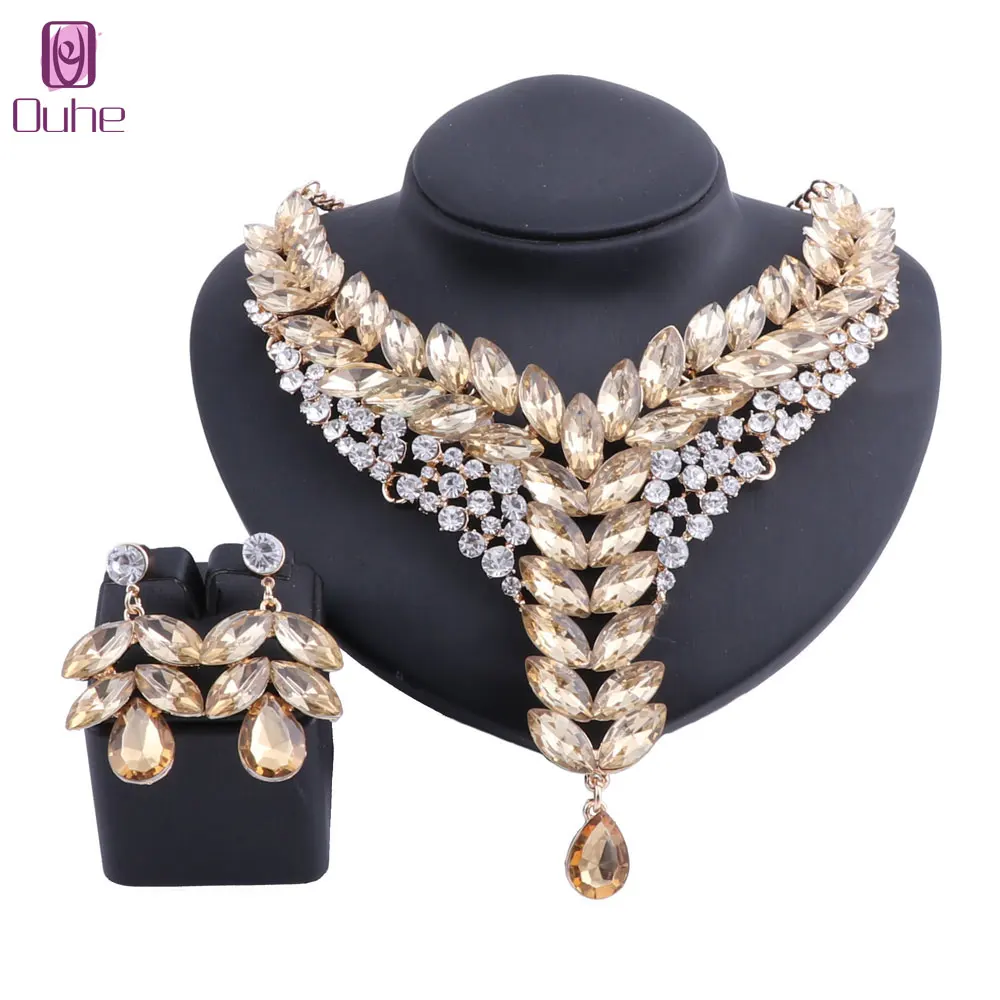 Women Champagne Crystal Wedding Bride Party Costume Accessories Bridal Necklace Earring Jewelry Sets