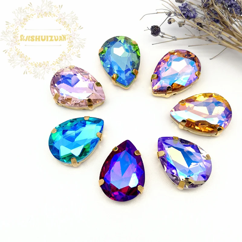 Turquoise Blue AB Dazzle Color Water Drop Shape Glass Crystal Sew On Rhinestones With Gold Bottom Four Claw Diy Clothing Shoes