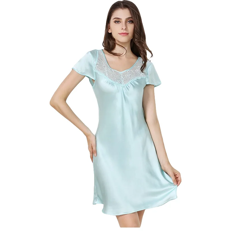 

New 100% Silk Satin Women Nightgown Short Sleeves Nightdress Solid Color Elegant Ladies Sleepwear sp0043