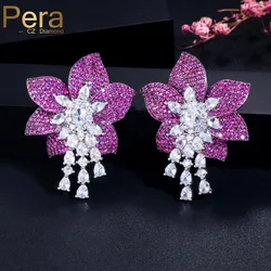 Pera Elegant Women Silver Color Jewelry Big Geometric Rose Red Flower Cubic Zircon Long Drop Earrings for Ladies Prom Party E369