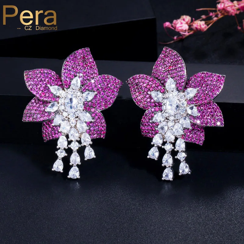 Pera eleganckie kobiety kolor srebrny biżuteria duże geometryczne Rose Red Flower Cubic cyrkon długie kolczyki wiszące dla pań Prom Party E369